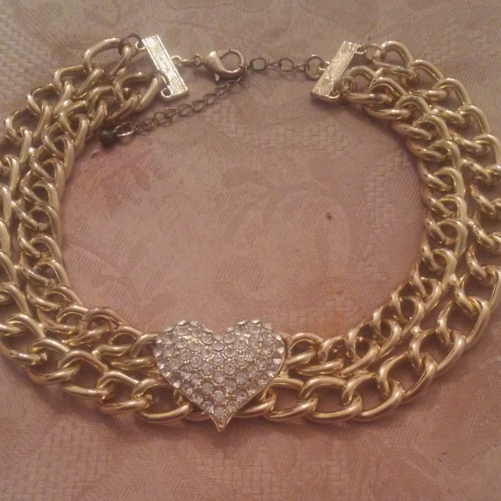 Heart Rhinestone Gold Chain Choker